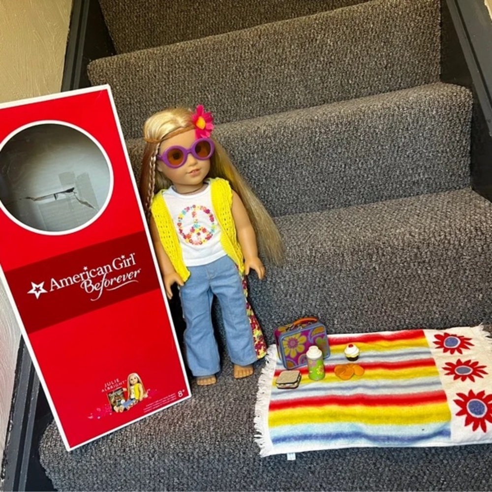 American Girl Doll with Yellow Vest and Blue Jeans